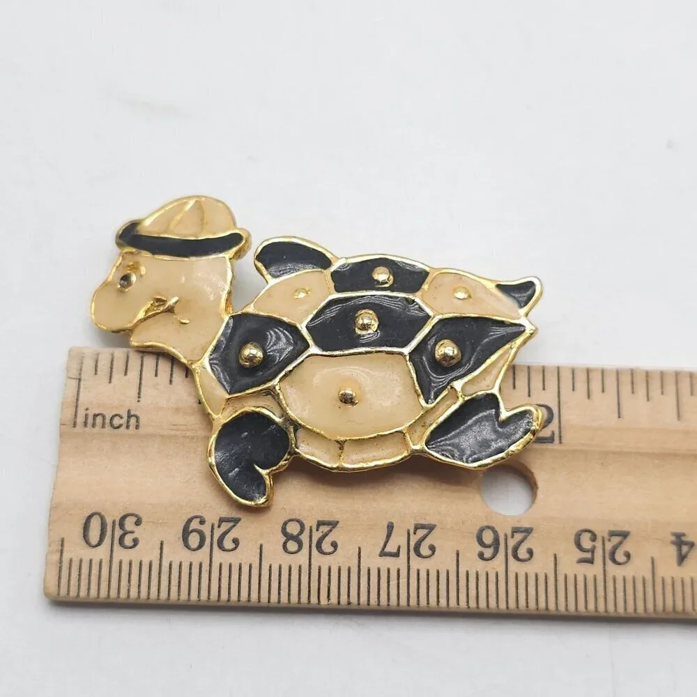 Vintage Gold Tone Turtle Brooch With Black Cream Enamel Finish